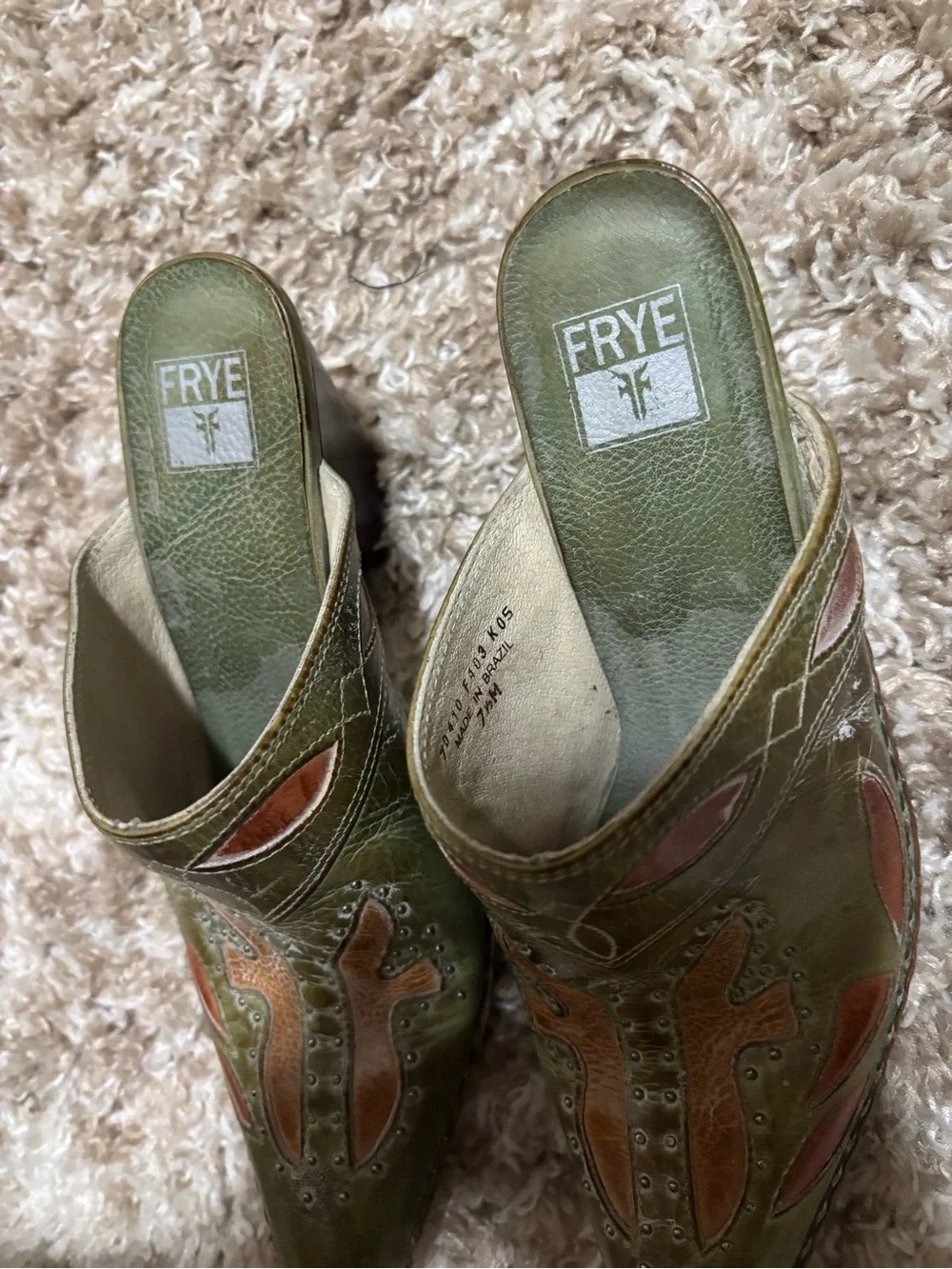Y2K Frye Western Heeled
Mules Women's Size 7 1/2 Green
Genuine Leather Western - Picture 3 of 7
